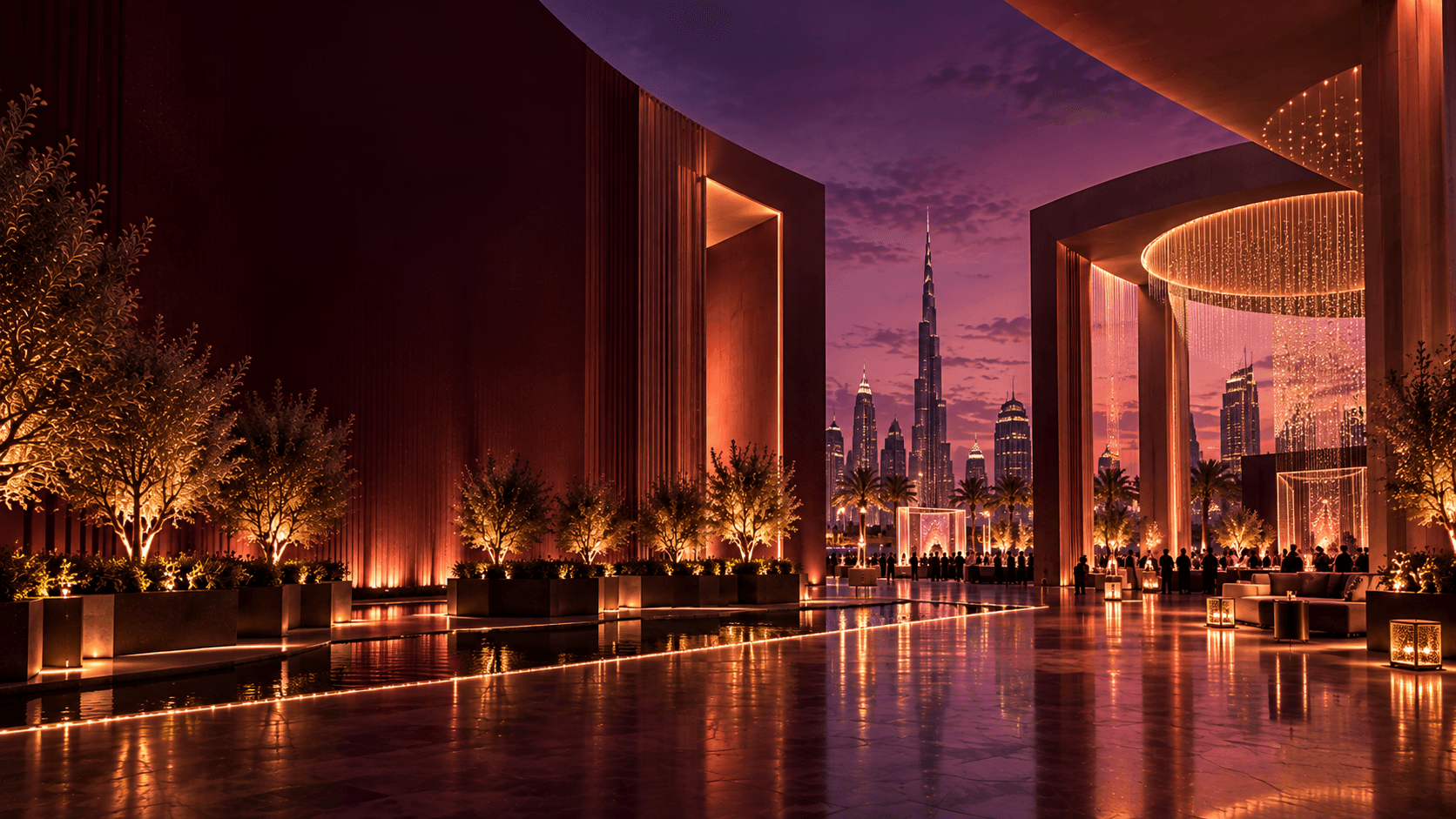 Illuminated luxury architectural grand corridor at dusk with deep plum ambiance