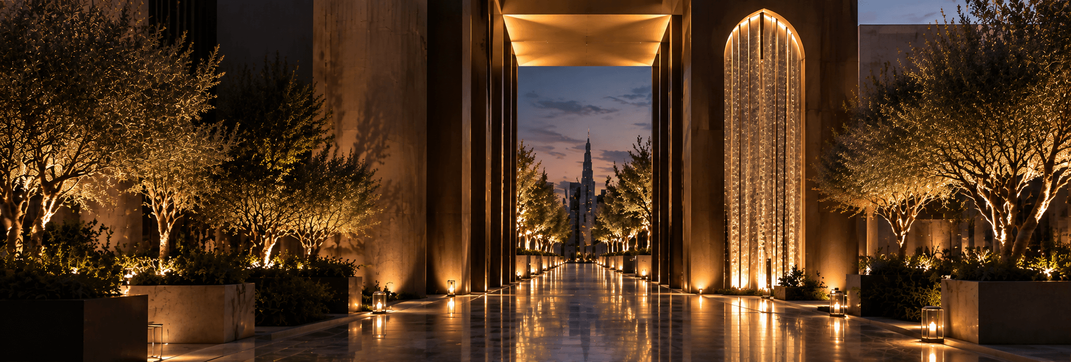 Illuminated architectural portal and lantern-lit promenade framing evening skyline